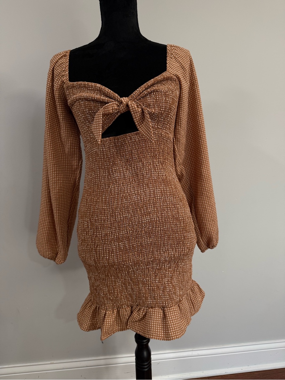 Mable Women’s Brown Smocked Tie-Front Camisole Dress